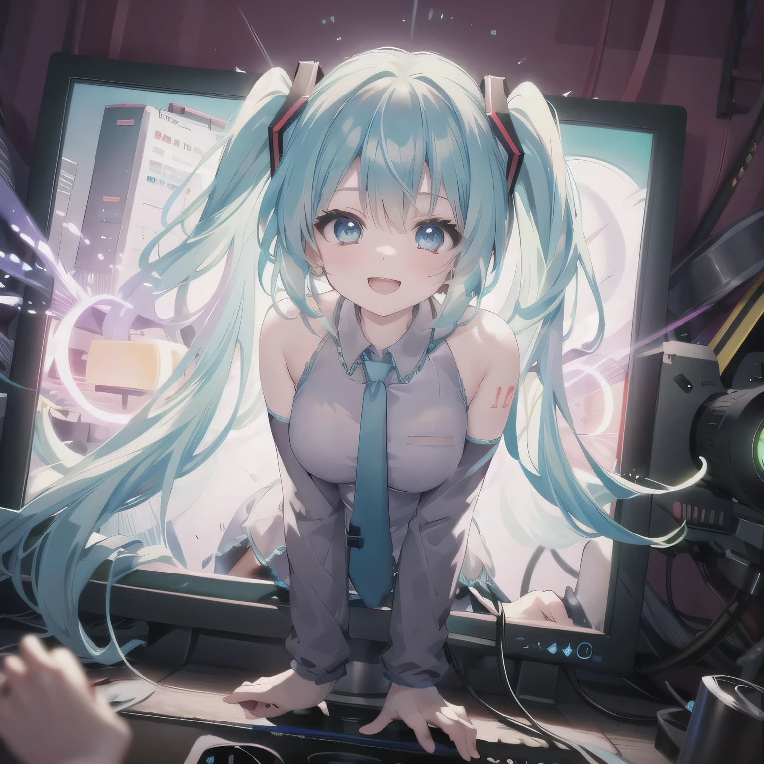 pov, from front view, HologramCzar:1.3, incoming hug:1.3, through screen, coming out of monitor, 1girl, hatsune miku, extreme close up:1.2, upper body, 85mm lens, breasts, face to viewer, arms wide open:1.5, hugging pose, expressive gesture, dynamic pose, bursting joyful smile, hair flowing, screen glow lighting her face, digital particles scattering, nighttime, energetic performance, highly detailed, best quality