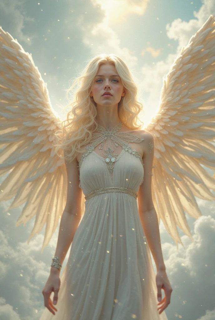 masterpiece, best quality, high quality, extremely detailed CG unit 8k wallpaper,high quality, highly detailed, Imagine a dreamlike scene with a beautifull female angel, she have Golden blonde hair and white longe wings. Longe silver dress and she have powerfull aura, she have Green eyes and gently aspect, Celestia. Full body portrait   award-winning photography, Bokeh, depth of field, HDR, photorealistic, extremely detailed, trend on artstation, trend on CGsociety, Complex, High Detail, dramatic, art by midjourney