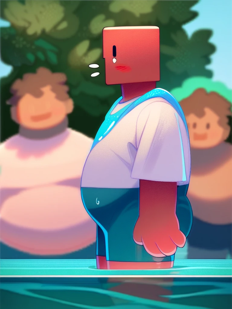 Roblox Noob, chubby , Swimsuit , with a big belly to reveal clothes, cute, Swim in the water park, There are many people, side view, awkward, face red