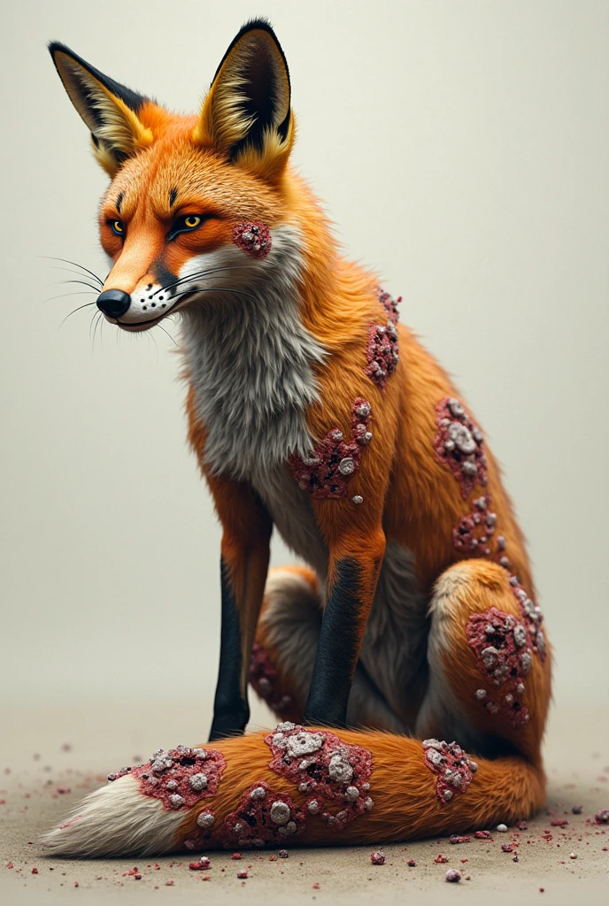 There is a shadow、Horror、Photorealistic、Ultra HD、There are a few ticks flying out of the fox's body.、Side view