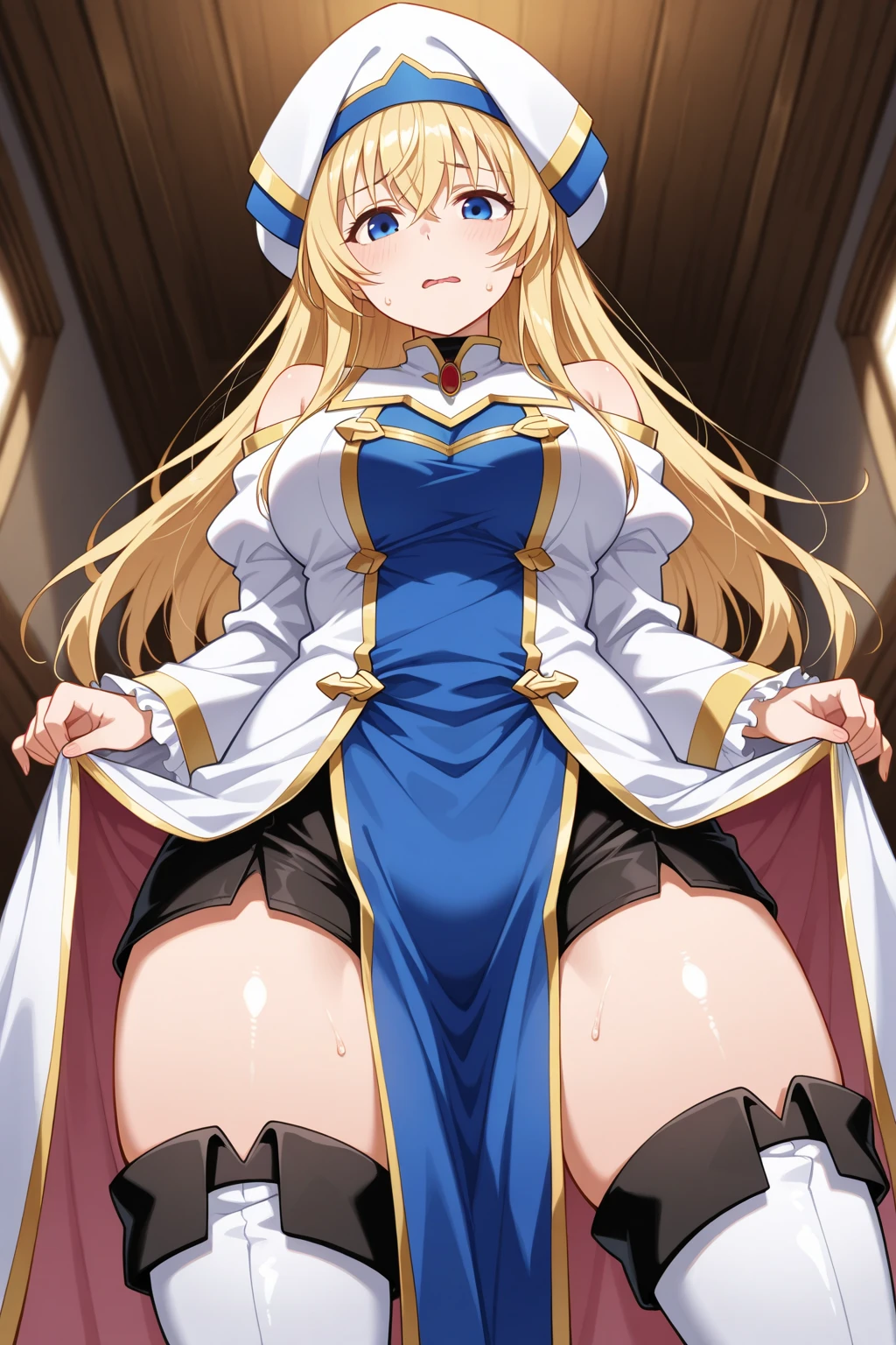 Cute naughty knight armor girl, Pastel colors hair, (large breasts:1.2, Thighs:1.2, thick legs:1.2, curvy:1.2), blonde hair, hair down, bangs between eyes, long hair, blue eyes,(naked:1.3), standard height, (blush:1.2, expressionless), garter ring, at the adventurer's guild, A bulletin board with posted paper, nfsw, sweat, (cum in vaginal:1.3), vaginal sex