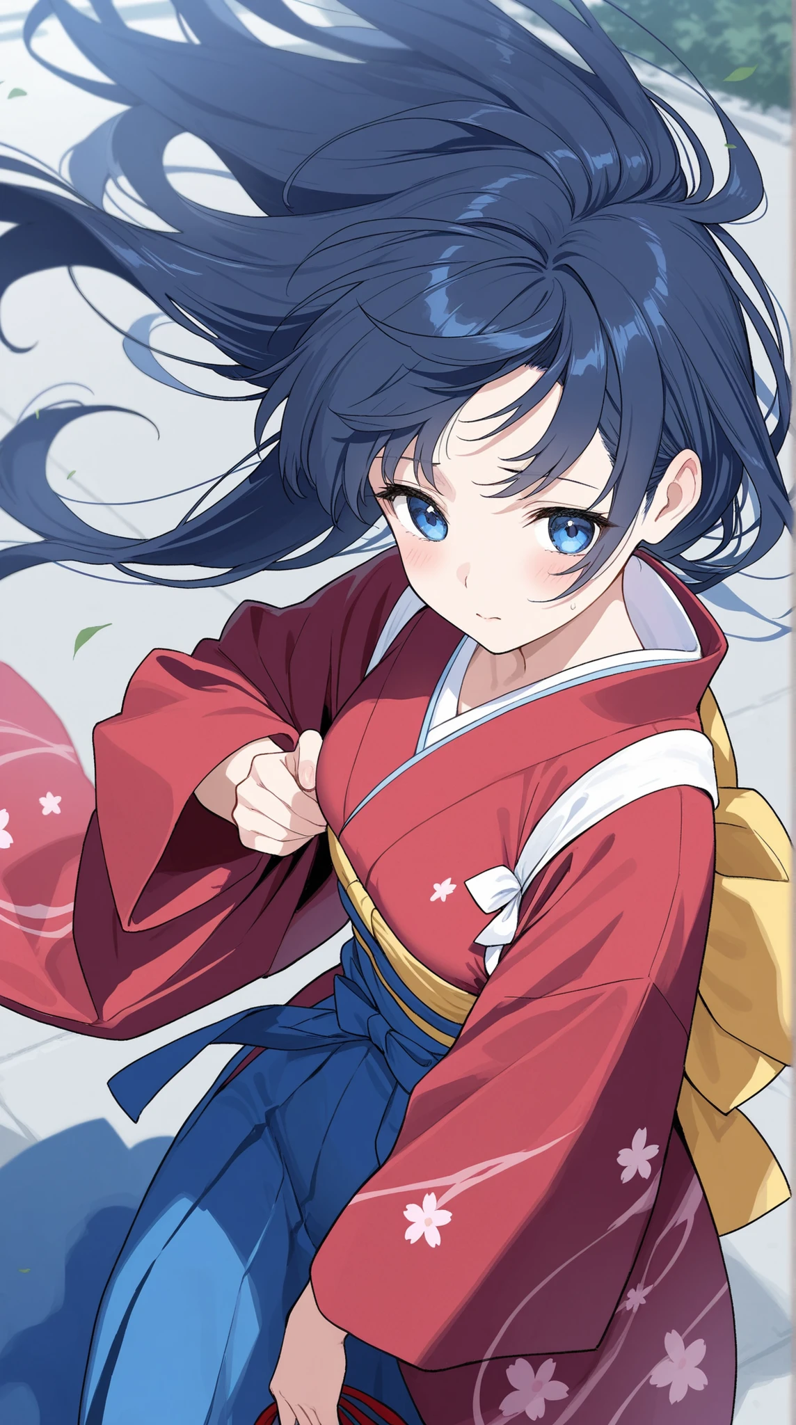female,  beautiful woman in kimono , Japanese clothes based on blue, Strong wind disturbing her hair, Holding down disheveled hair, 