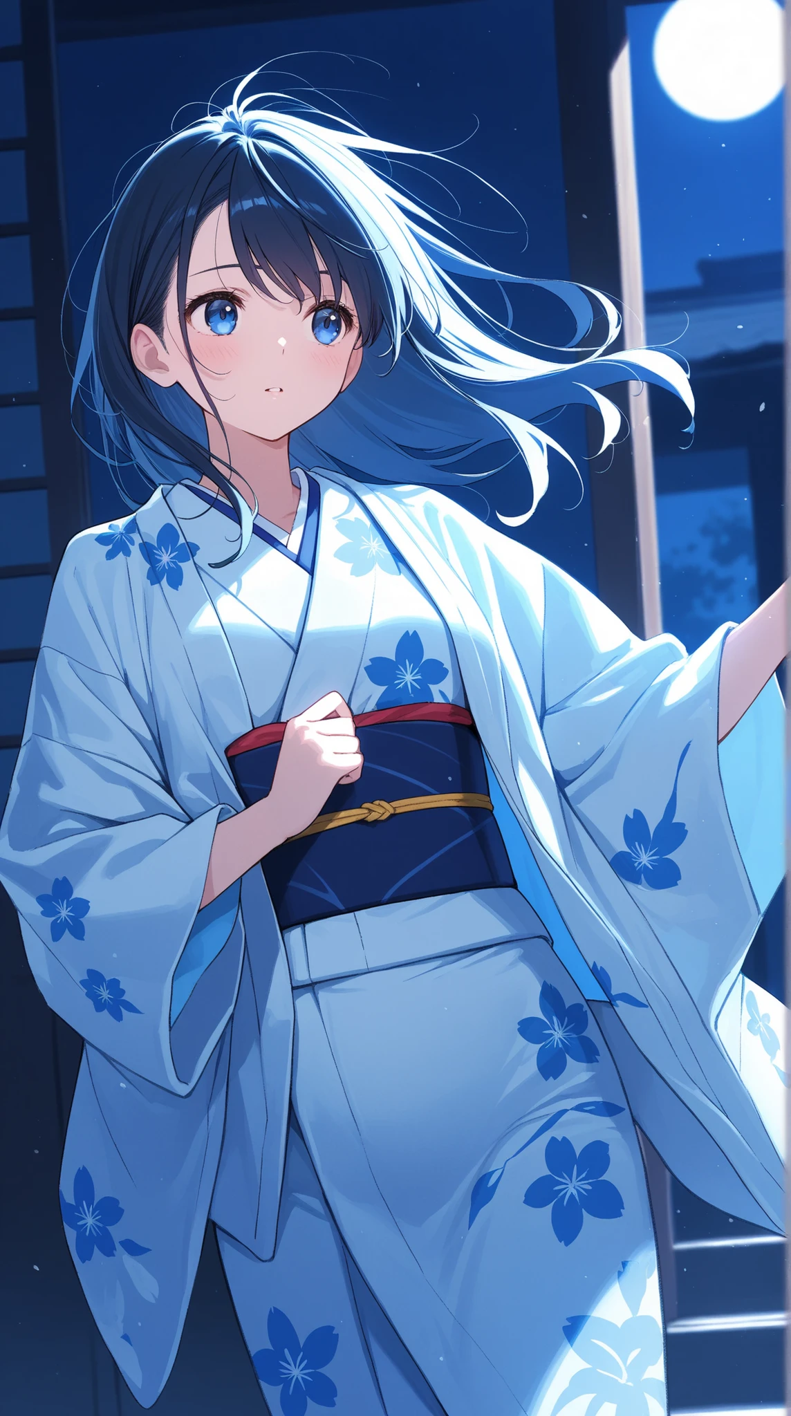 female,  beautiful woman in kimono , Japanese clothes based on blue, Strong wind disturbing her hair, Holding down disheveled hair, 