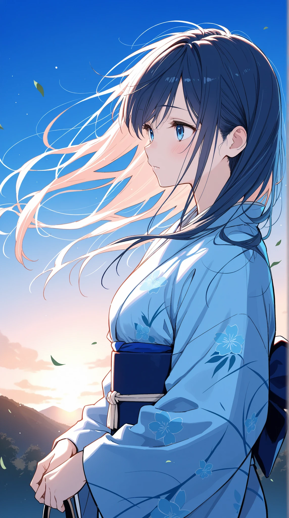 female,  beautiful woman in kimono , Japanese clothes based on blue, Strong wind disturbing her hair, Holding down disheveled hair, 