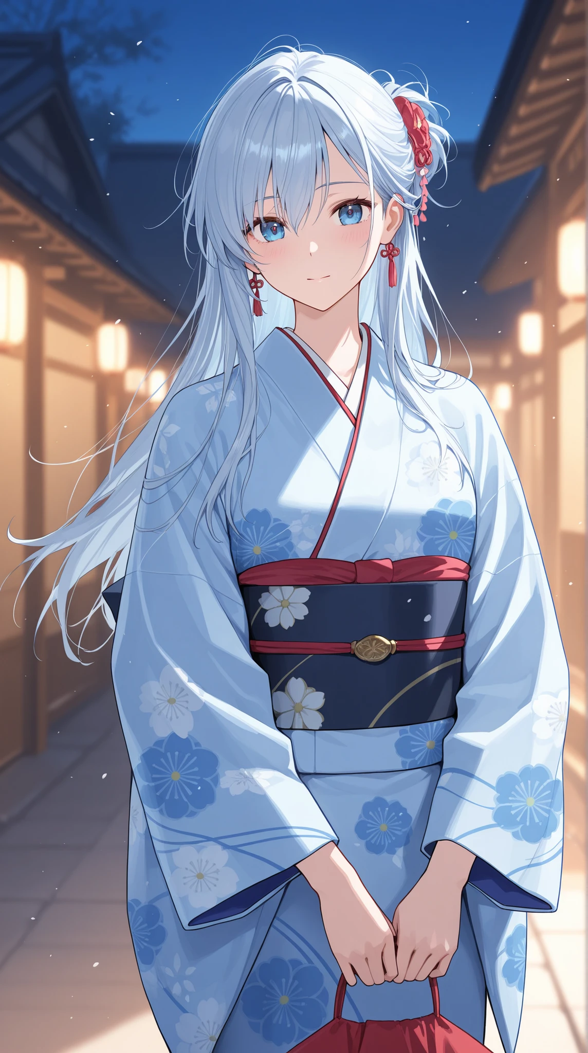 female, beautiful woman in kimono , Japanese clothes based on blue, Strong wind disturbing her hair, Holding down disheveled hair,