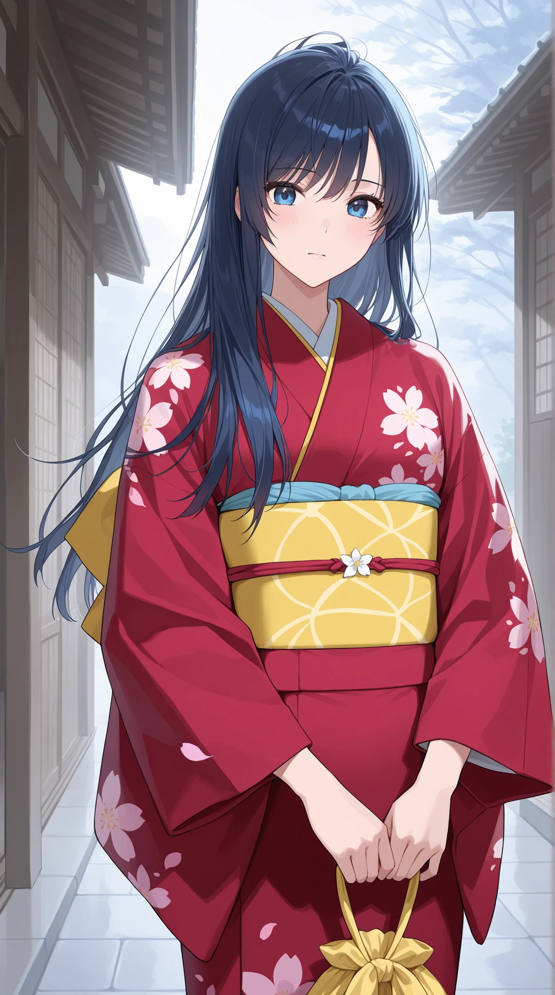 female, beautiful woman in kimono , Japanese clothes based on blue, Strong wind disturbing her hair, Holding down disheveled hair,
