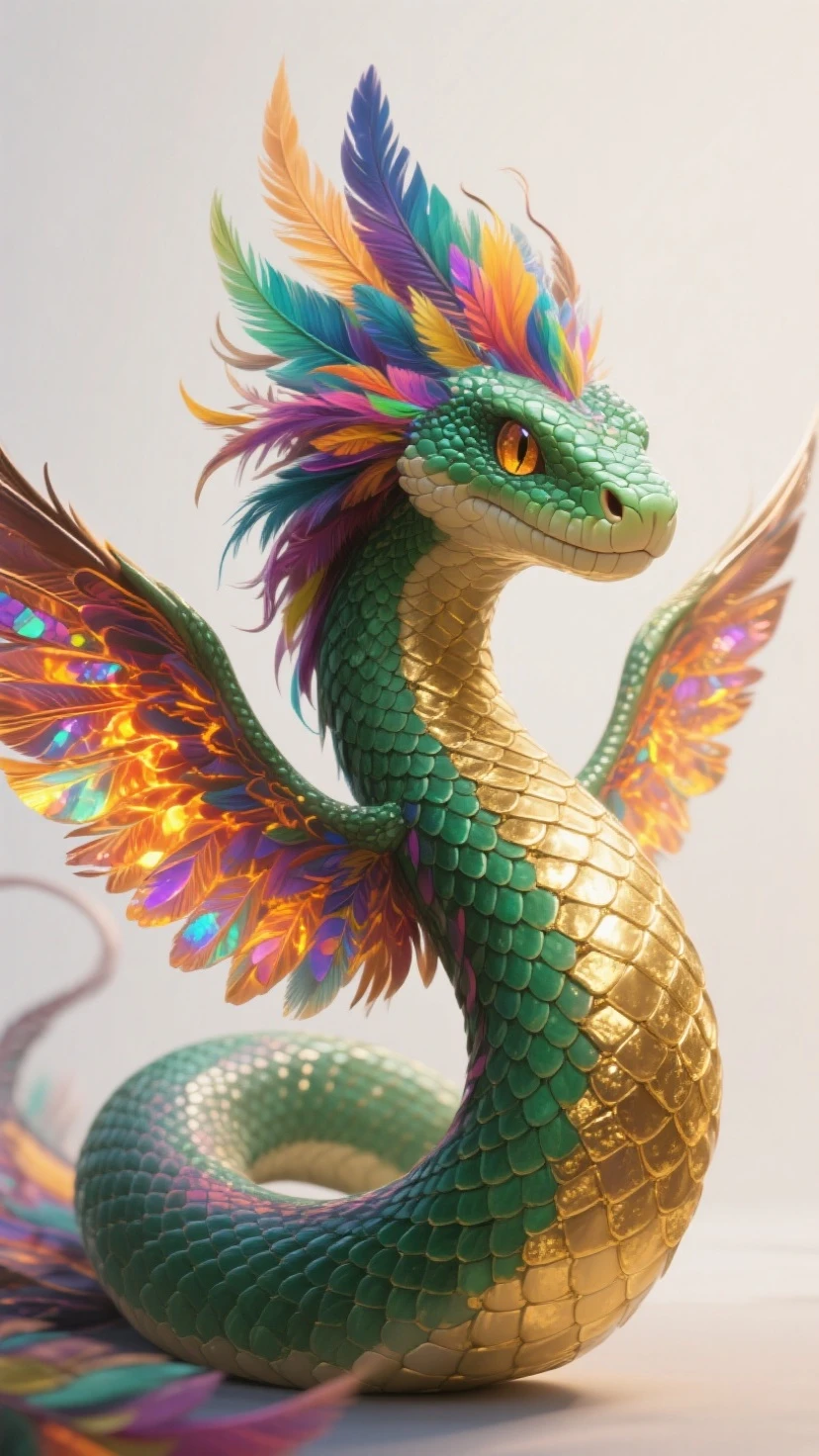 a photo of a feathered eastern dragon with rainbow holographic scales, feral, solo, digital media (artwork), dragon, full body, tail, laying down, wings, feathered wings, <lora:Dragons:1>