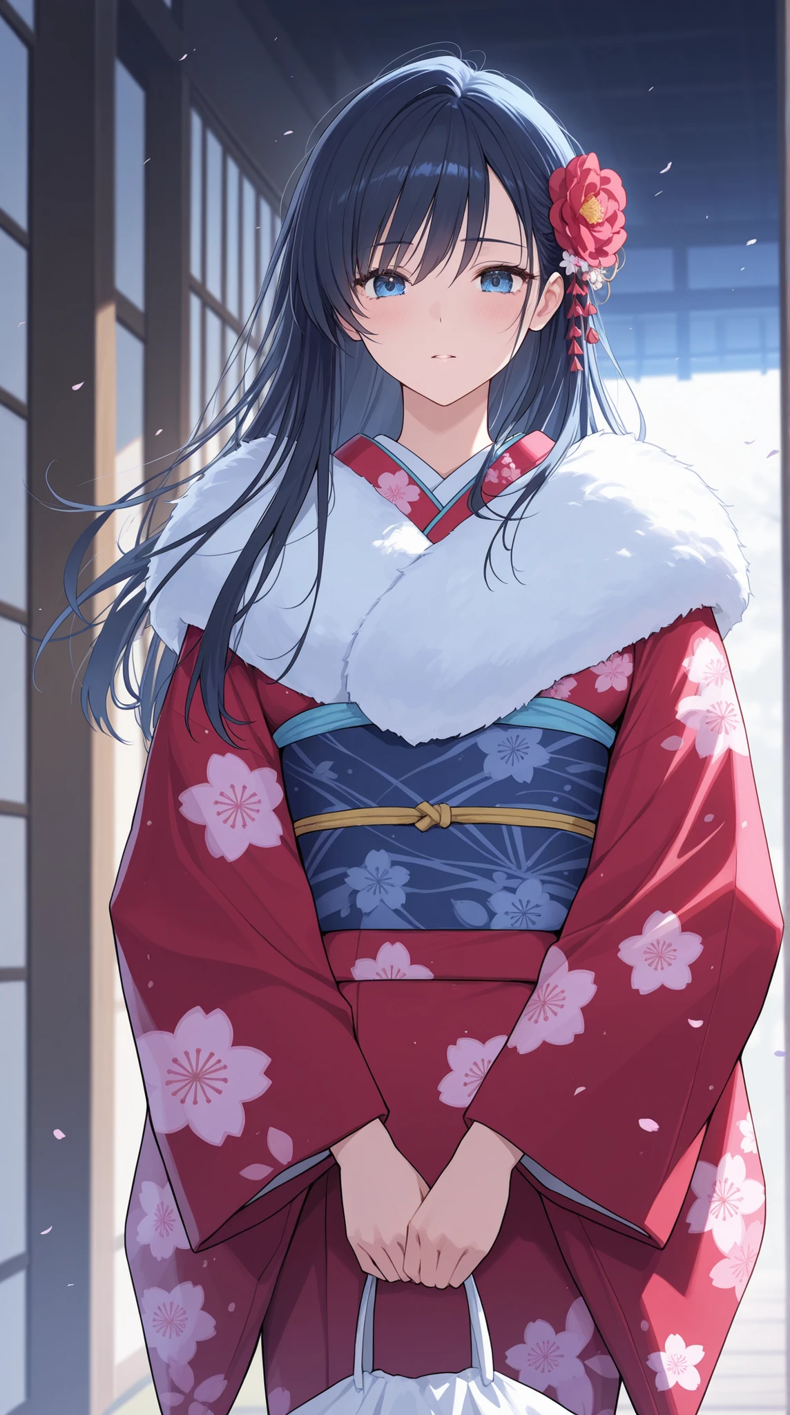 female,  beautiful woman in kimono , Japanese clothes based on blue, Strong wind disturbing her hair, Holding down disheveled hair, 