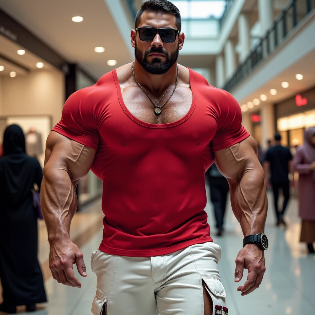 Handsome Indian pehlwan muscular hunk in tight formal red shirt black trouser with huge bulge wetty spot on bulge, doing shopping and drinking coffee from tumblr in shopping mall, head to thigh view