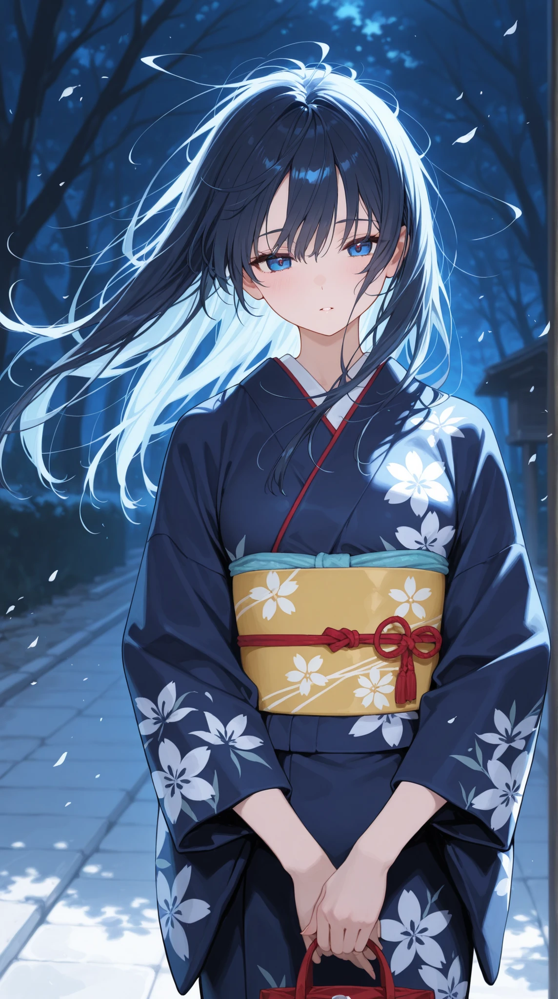 female,  beautiful woman in kimono , Japanese clothes based on blue, Strong wind disturbing her hair, Holding down disheveled hair, 