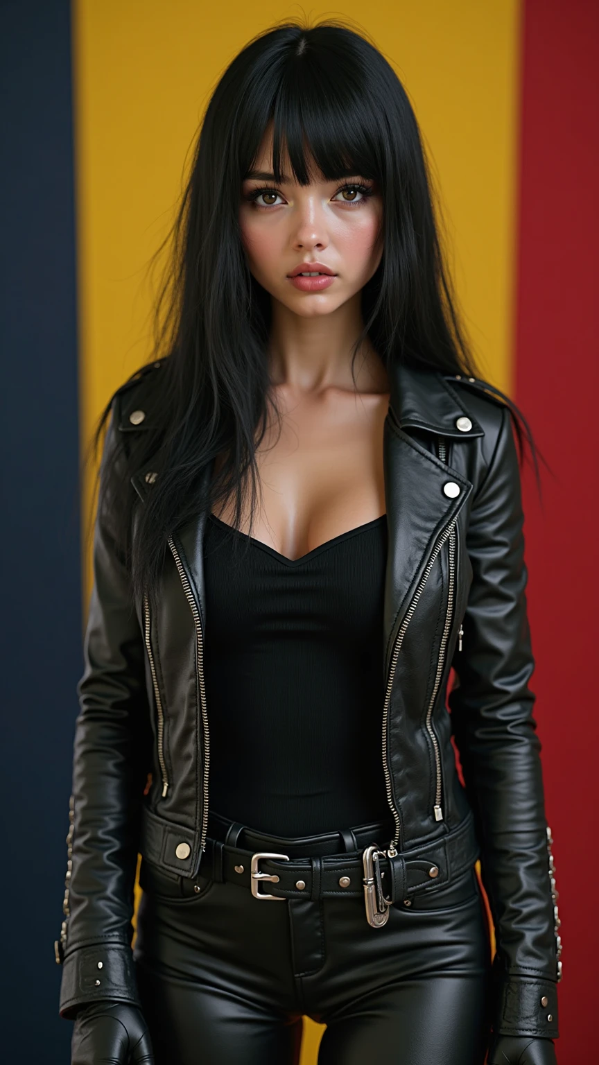photo of beautiful Koh_SashaGrey, wearing leather jacket, (biker style:1.1), stern, intimidating, hyperdetailed photography, dim light, soft light, portrait, cover, best quality, (detailed beautiful face, detail skin texture, ultra-detailed body:1.1), high contrast, outdoors, highway