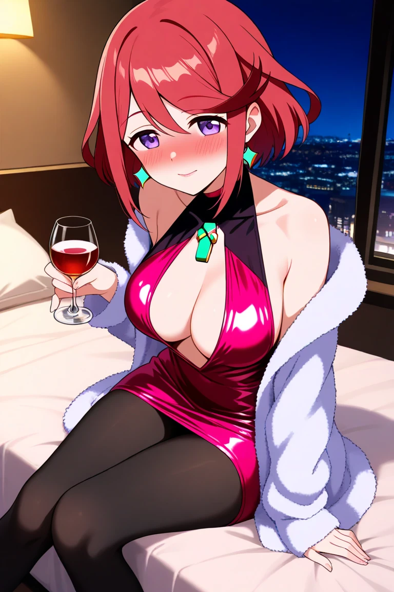 (Loose long Dress:1.5), (Red deep plunge neck dress:1.8), Sideless, necklace, Cleavage, Purple Bob Cut, High leg dress, View your viewers, Grin, Blunt bangs, eye shadow, Low Ponytail, lipstick, compensate, Detailed beautiful face, Detailed beautiful Purple eyes, Bare shoulders, Large Breasts, blush, Royal Banquet Hall, Long table, Lavish decoration, Nobles enjoying a banquet, Live Music, masterpiece, 8K, High resolution, Shallow depth of field, Sharp focus