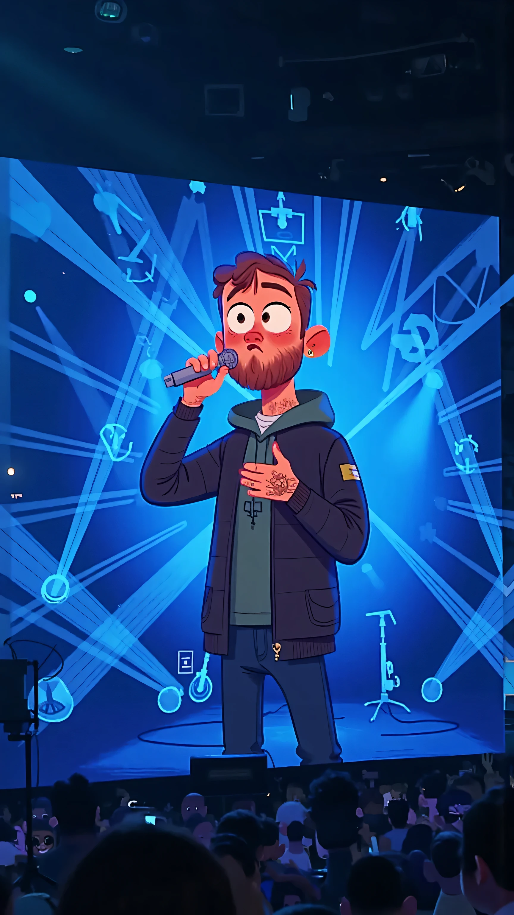 wide-angle lens,Huge screen details,Handsome male singer on the screen holding a microphone。background blue spotlights and geometric LED pattern,Dynamic Performance Gesture,Shallow depth of field, illustration style