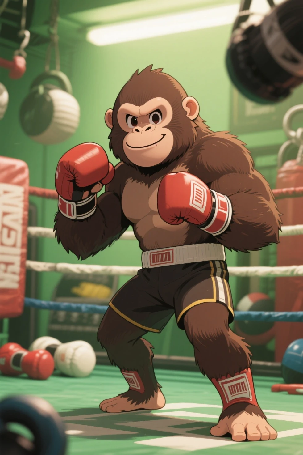 Strong man, muscles to sample with monkey head, in a fighting arena --auto --s2