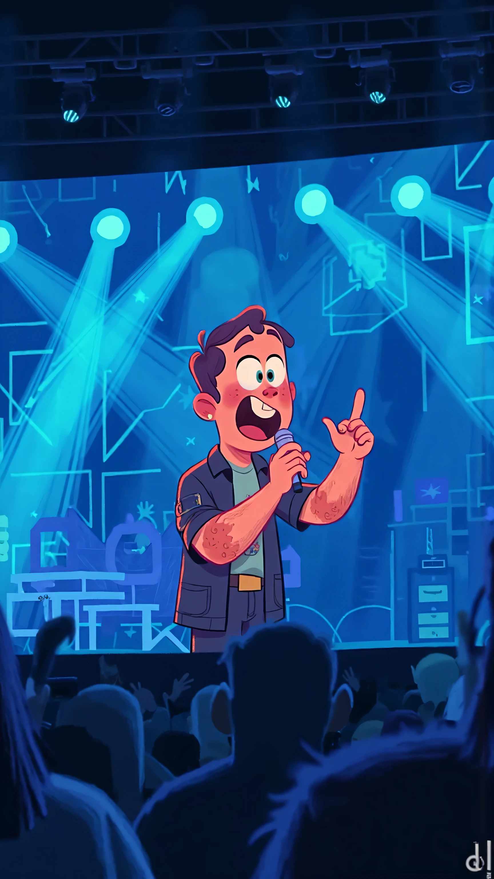 wide-angle lens,Huge screen details,Handsome male singer on the screen holding a microphone。background blue spotlights and geometric LED pattern,Dynamic Performance Gesture,Shallow depth of field, illustration style
