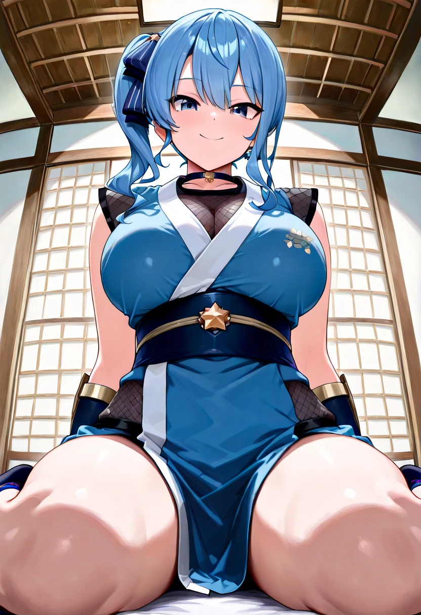 score_9, score_8_up, score_7_up, score_6_up, uncensored, ayaka from genshin impact, blue hair, blunt_bangs, pony_tail, blue eyes, BREAK (masterpiece:1.2), best quality, high resolution,(detailed eyes:1.3), perfect lighting, (perfect hands, perfect anatomy), large breasts, breasts, 1girl, squatting, gloves, solo, uniform, looking_at_viewer, white_gloves, boots, spread_legs, blush, underboob, rating:questionable