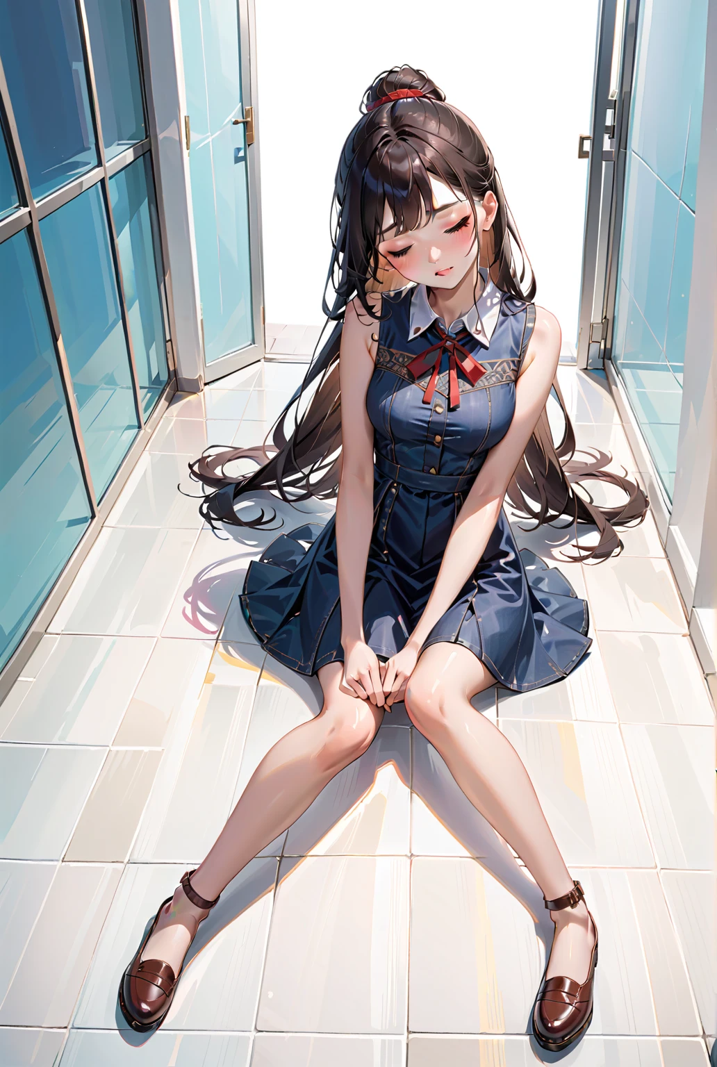 (8K、Raw photography、top-quality、masterpiece:1.2)、ultra-detailliert、超A high resolution、女の子1人、dark brown hair、poneyTail、bangss、Light blue dress、wide Shots、sit on stairs、itting open legs、white panty、pantyshot