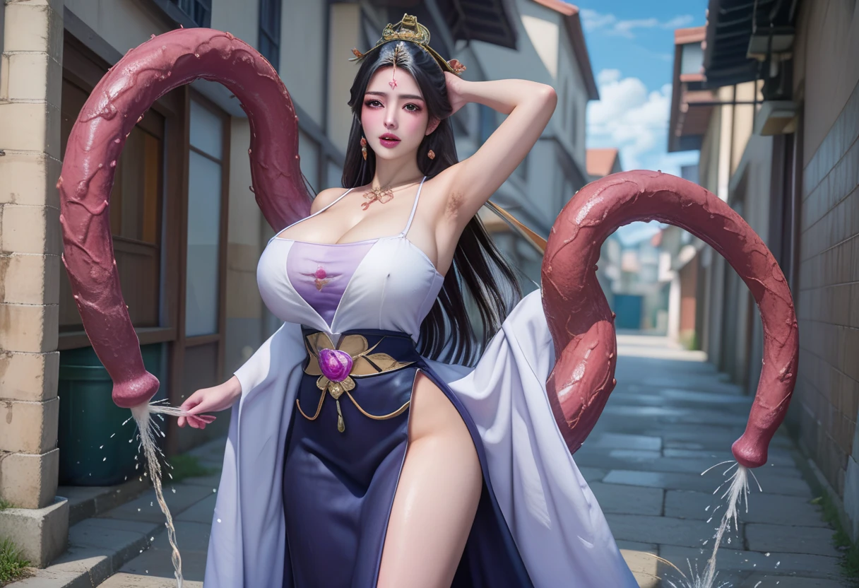 ((masterpiece)), ((best quality)), (ultra-detailed),(in the cave),(monster),(((many tentacles wrap arotnd the body))),a cute girl, 1girl, solo, (white girly dress),((many tentacles bound arms)), ((thin waist)),large breast, slim, slender,beautiful brown hair, beautiful blue eyes, (beautiful eyes), long hair,troubled expressio