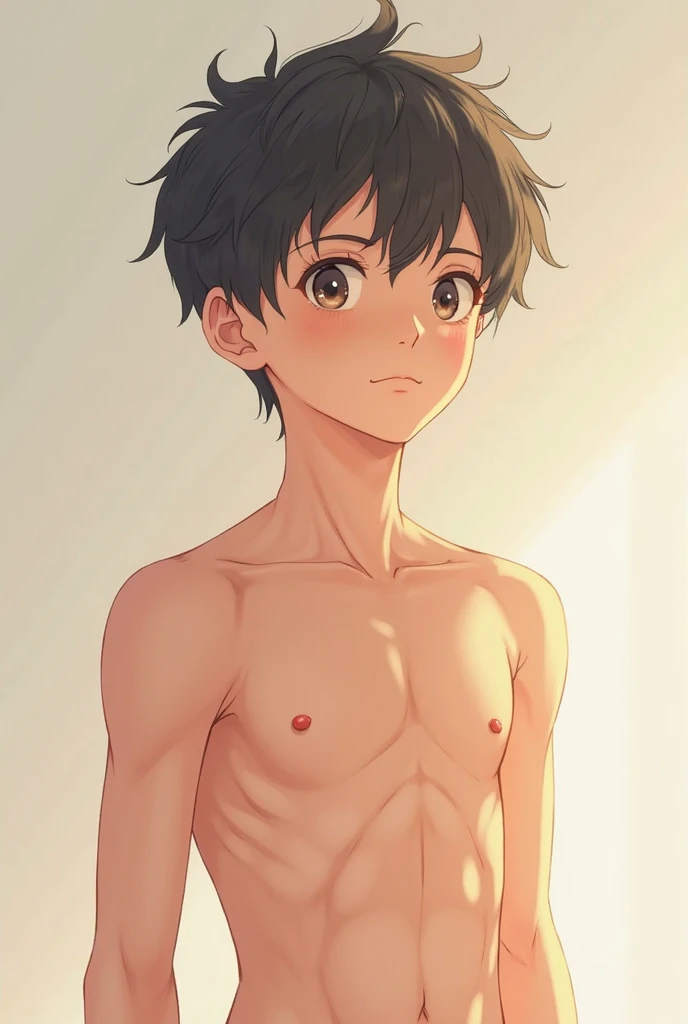 ((Best quality)), ((masterpiece)), (detailed), cute skinny shy boy shirtless