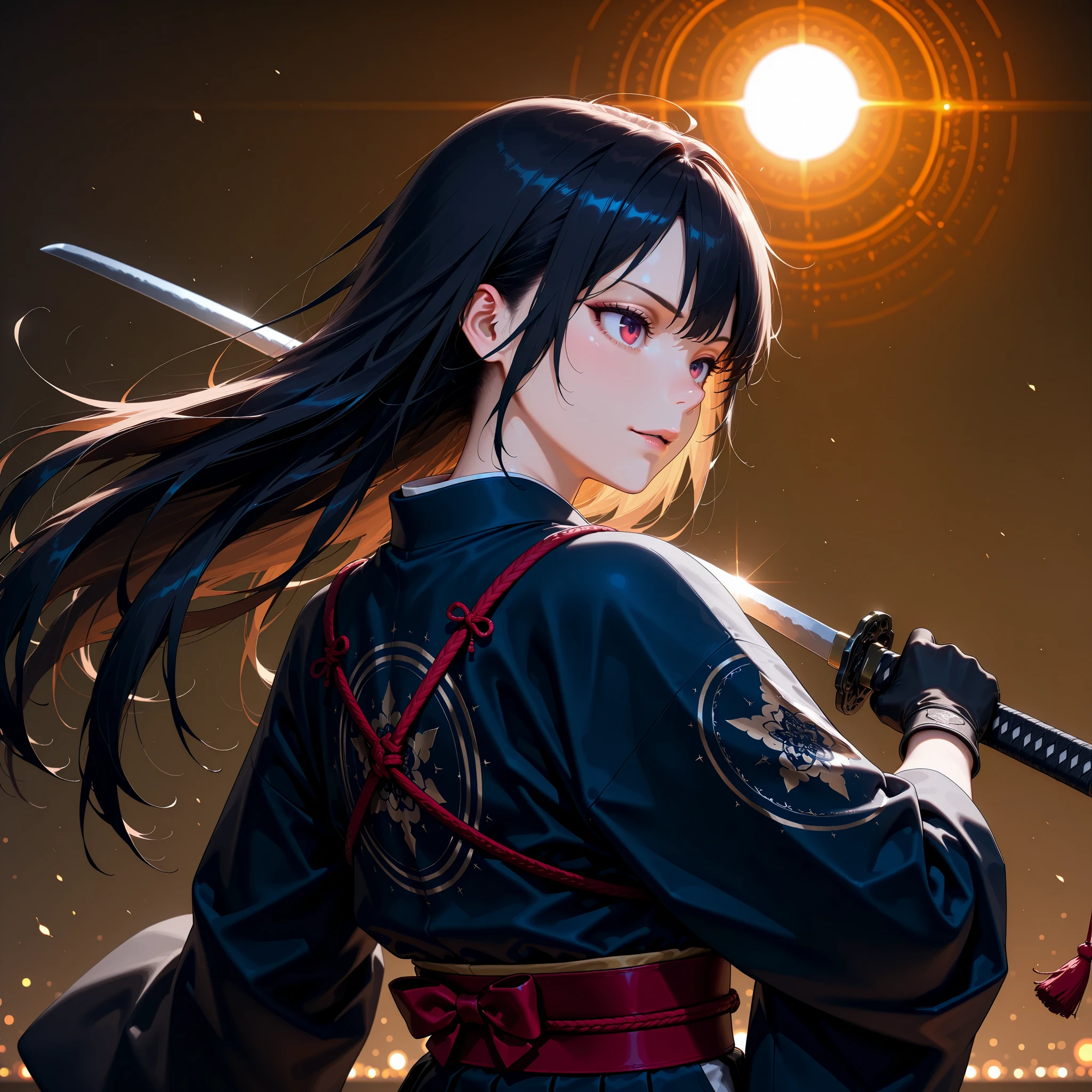 In a dynamic motion,japanese women ,samurai, evil look,,combat stance, wielding a sword, highly detailed, detail eyes,iris,vibrant appearance, creative behavior, extremly detailed, imaginative, sensual, spontaneous, highest quality, skin texture, intricate details, (cinematic lighting), RAW photo, 8k, masterpiece,best quality,ultra-detailed,very detailed illustrations,extremely detailed,intricate details,highres,super complex details,extremely detailed 8k cg wallpaper, semi realistic,((from behind ))