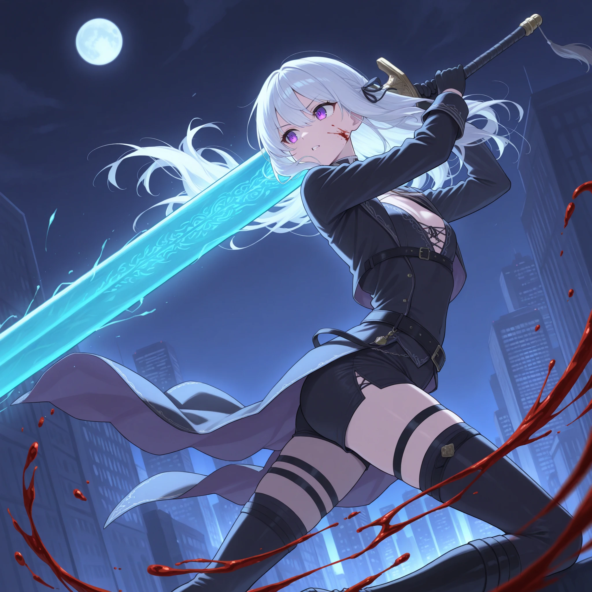 Maka_albarn_(soul_eater), maka albarn, twintails, green eyes, small breasts, partial nudity, panties, dynamic pose, rooftop, night,