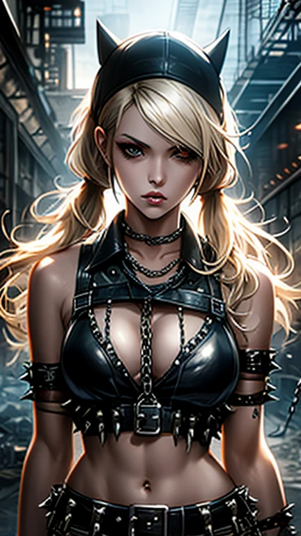 Stunning painting featuring the very beautiful Elsa Jean + venom sider girl with chained wrists, provocative pose, flirtatious expression, tattered unbuttoned shirt black red highly detailed tattered leather mini skirt, perfect anatomy, centered, near perfect, dynamic, highly detailed, artstation, concept art, soft and sharp focus, illustration, art by Carne Griffiths and Wadim Kashin, graffiti airbrush techniques, high definition accent lighting, contrasted with vivid paint colors, cinematic, photorealistic, by Boris Vallejo, atmosphere extra space, digital rendering, digital painting, beep, Noah Bradley, Cyril Roland, Ross Tran, trending on artstation