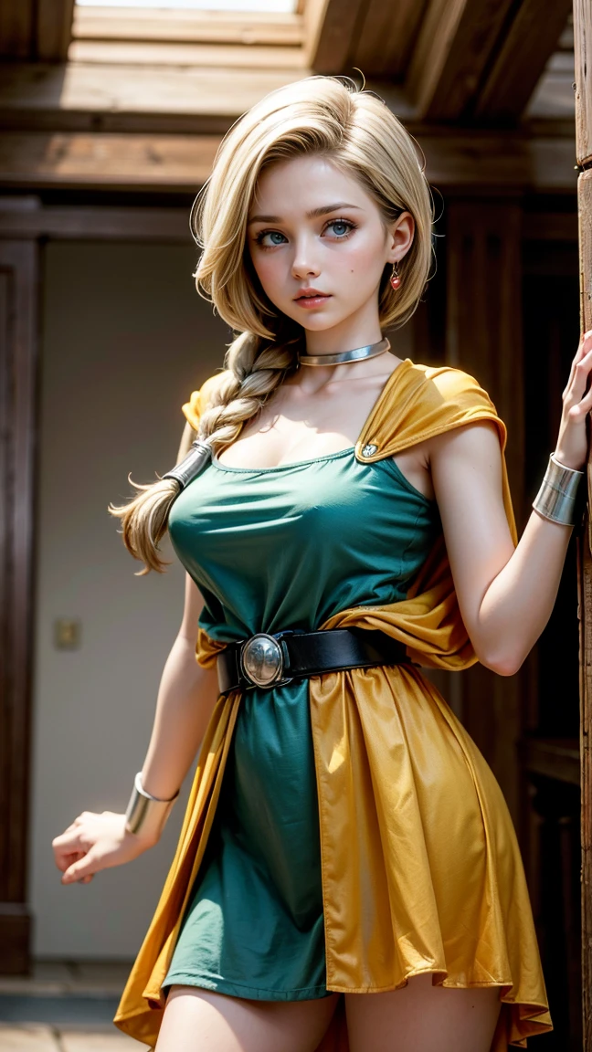 (masterpiece, Best Quality, 32 HDR, High resolution), (1womanl:1.5, Solo:1.5), (dq6 barbara, High Ponytail, Dress, Cape, yellow gloves,Belt bag, Jewelry, earrings), (huge tits:1.15, huge boobs:1.15, huge breasts:1.15), Highly detailed, (Fighting Pose:1.2, exposed shaved armpits:1.2, in the abandoned house:1.1, in a deep forest), hyper detailed face, ultra detailed skin texture,