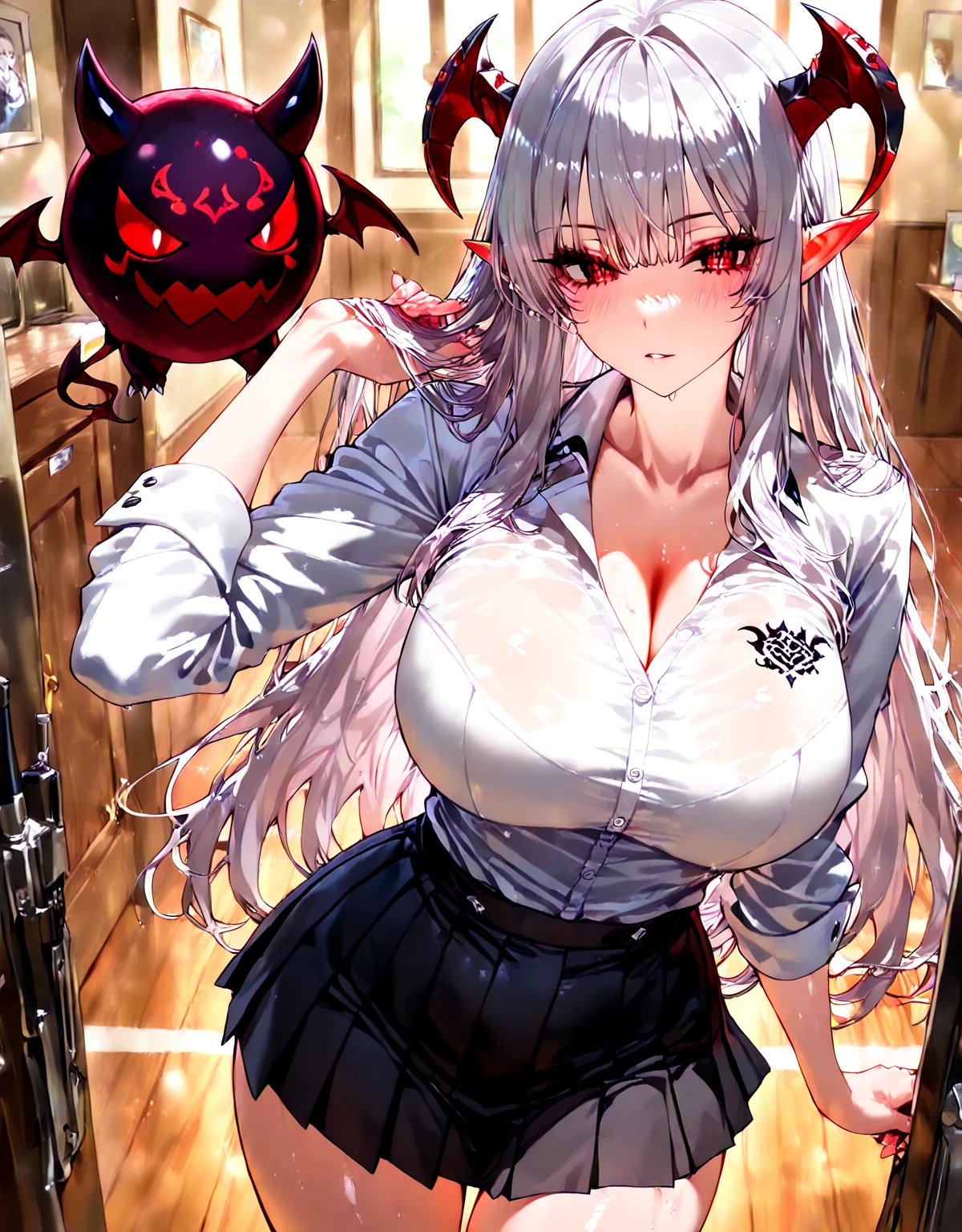 2 demon girls kissing (french kiss), demon horns, hugging each other, groping chest, blushed face, black shirt, white skirt, beautiful eyes finely detailed, big breast, (red and white hair color, multi colored hair), romantic, pixiv, anime girls, seductive smile while unbutton her shirt, licking her own lips, (beautiful detailed eyes:1.6), extremely detailed face, perfect lighting, extremely detailed CG, (perfect hands, perfect anatomy).