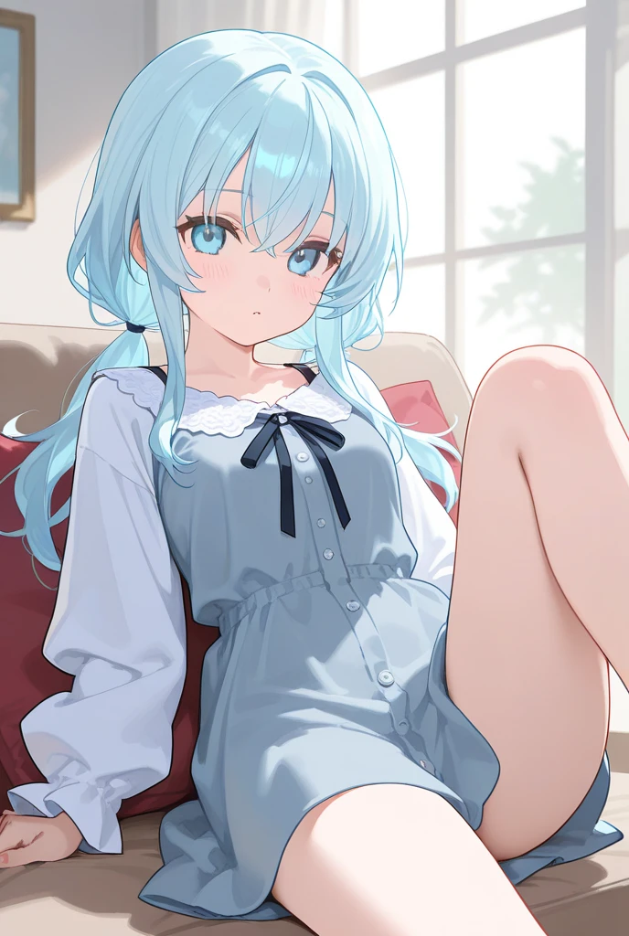 A cute light blue loli cat anthropomorphizes,Wearing a gorgeous white cheongsam and white stockings,Sit on the blue sofa。Her tiny body leaned forward,,The face is shy, and the eyes are indifferent。This 8k HDR image presents the best characters with vivid colors and fine details,And highlight the charming atmosphere of the two-dimensional style