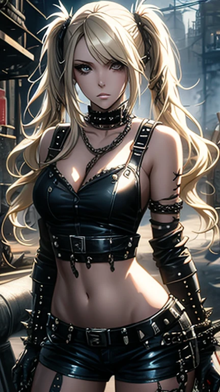 top-quality、Top image quality、masterpiece、girl with((cute little、18year old、Best Bust、Medium bust、Bust 85,Red eyes to issue、Breasts wide open,Valley、Blonde long hair、A slender、Black leather bra、Black leather jacket、White trousers、astonished face、Follow your audience)hiquality、Beautiful Art、Background with((nightcity、The ground glows red、Splitting ground、Chain from the ground)),masutepiece、Elaborate design、visualart、depth of fields、The best lighting、highestdetailed、