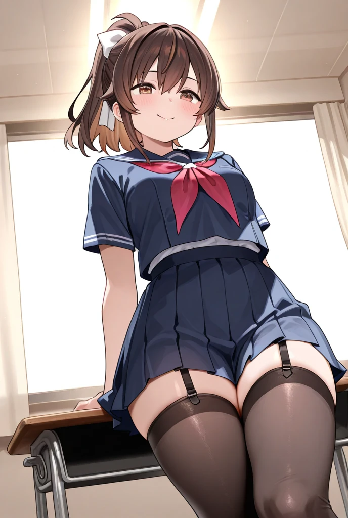 mitsuhamiyamizu, mitsuha miyamizu, black hair, (brown eyes:1.5), hair ribbon, (small breast:1.2),
BREAK bow, bowtie, kneehighs, pleated skirt, red bow, red bowtie, school uniform, skirt, sweater vest, brown vest,
BREAK looking at viewer,
BREAK indoors, classroom,
BREAK (masterpiece:1.2), best quality, high resolution, unity 8k wallpaper, (illustration:0.8), (beautiful detailed eyes:1.6), extremely detailed face, perfect lighting, extremely detailed CG, (perfect hands, perfect anatomy),(white panties:1.5), perineum, small breasts, (sitting on floor), skirt lift, leg up, spread legs, (short, tiny, little:1.5), smile, open mouth, from below