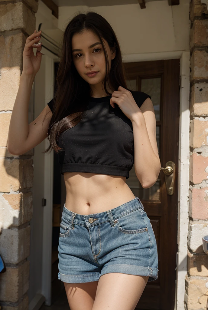 fullbody, standing stunning Alessia Bianchi, 20 year old italian woman, black hair, ((perfect blue eyes)), (((She wears a white crop top, denim shorts))) and (( shoes)), walking in the middle of Brescia, via Cremona, piazzale Arnaldo, background. Perfect details, daylights. (cinematic lights), best on adobe stock, very accurate photo, natural skin, heavy shadows Kodak promo 400, f1.2, ISO200, dramatic lights