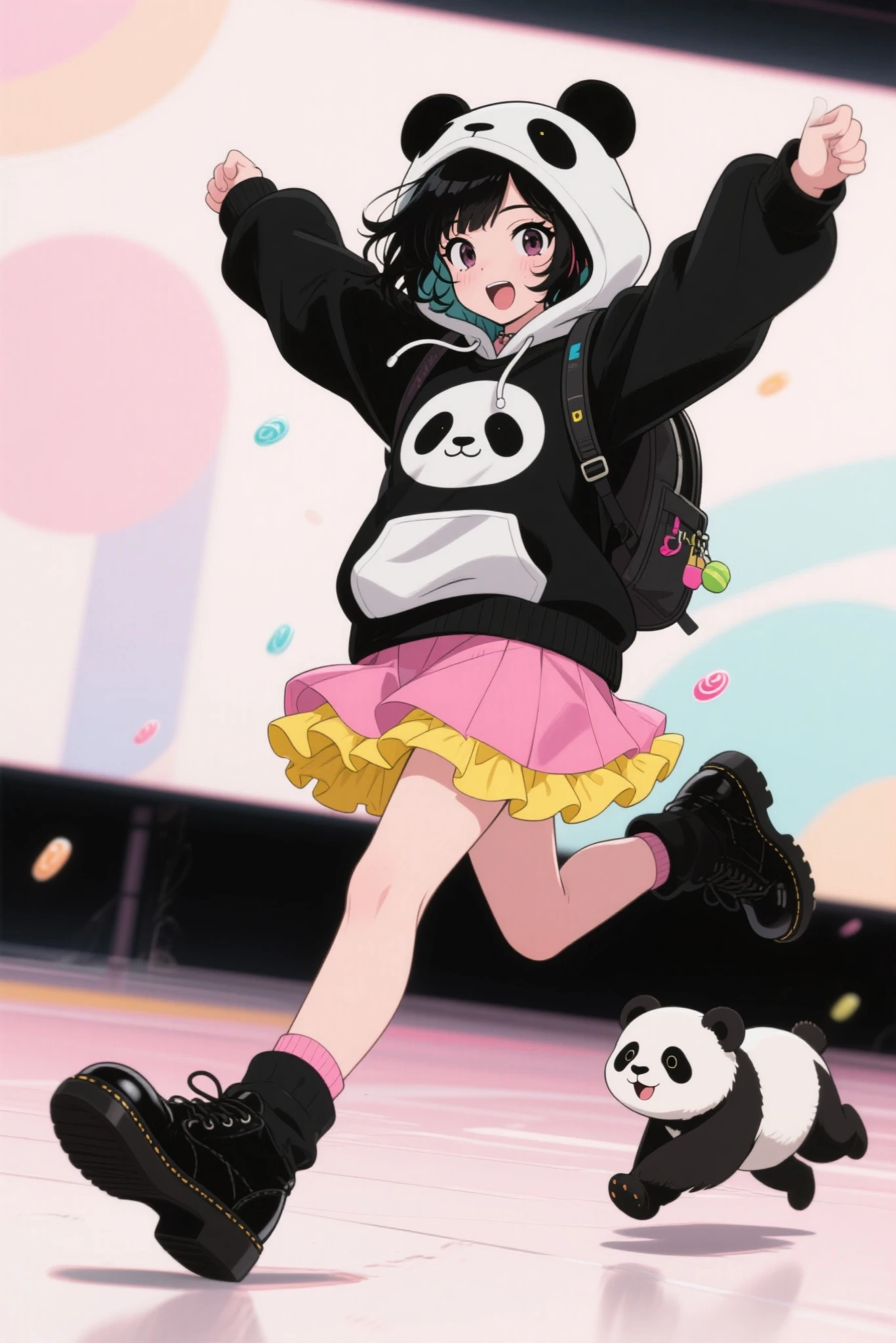 This girl's character is depicted in playful, dynamic poses, Kicking movement,Brown Braided Hair ,has a slightly open mouth, squirrel tail,I'm wearing a squirrel striped hoodie with squirrel ears,Layered dress with purple skirt and orange ruffles,wearing black loafers,has a small backpack,A few squirrels are running beside her,The background has an overall abstract atmosphere in soft pastel colors,complements her vivid taste,animeキャラクター,portrayed in strong composition on a large screen, anime, production animeーションセル, candy-punk character design,   production art