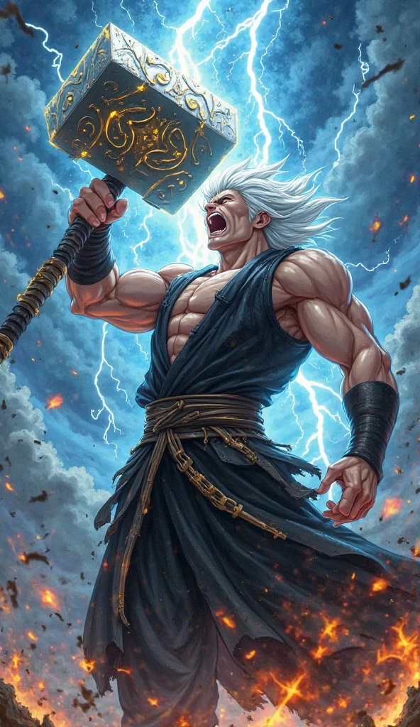Man, muscular, long white hair, angry, his hand is a sword, high quality, masterpiece, war fur outfit, Persian warrior, nervous, surrounded by fire, snowing, sun, beautiful light refraction, powerful man, on top of the mountain, Very muscular body