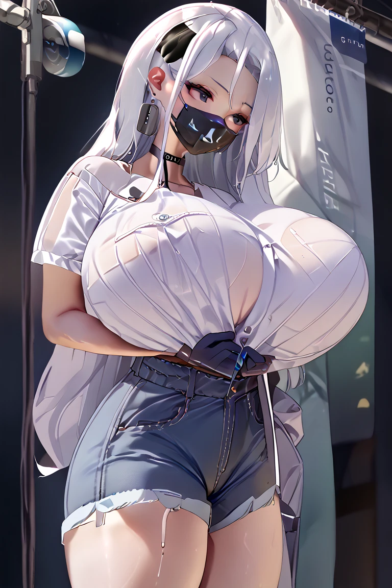 from above,lying,('Best quality, Masterpiece, 8K,A picture_comparing,huge tit,(A MILF:1),long white hair,telephone,cellular phone,smartphone,Handheld,pic',),cheongsam,on stage,at dawn