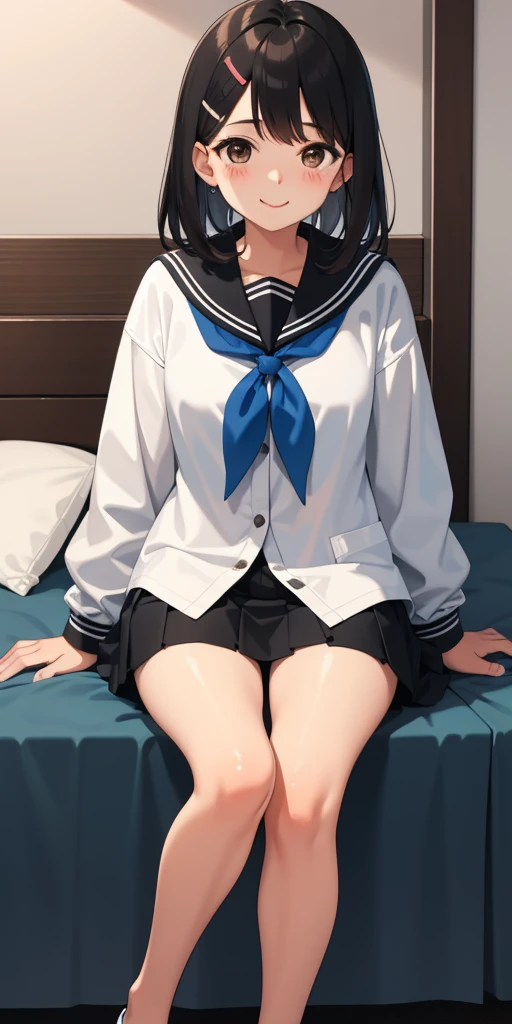 highest quality、one girl、primary school student、full body figure，perfect 5-fingered hands、Kinomoto Sakura, tomoeda elementary school uniform,shy face、perfect thing、big breasts、perfect arms、perfect legs、detailed description、small details、detailed face、white skin、Voluptuous legs、Bed、M-shaped legs、whitepanty、I can see your panties、Skirt flip、lift skirt