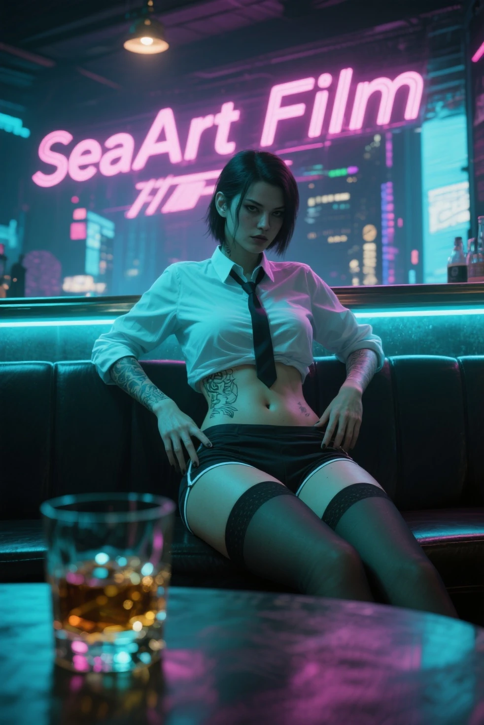 (In style of the 80s and 90s). anime female character, short colored hair, blue eye color, wearing sunglasses, black tattoo on neck , in the hack room, digital painting "lighting": "dramatic red light, deep shadows", "resolution": "8K, ultra-detailed", (full length)