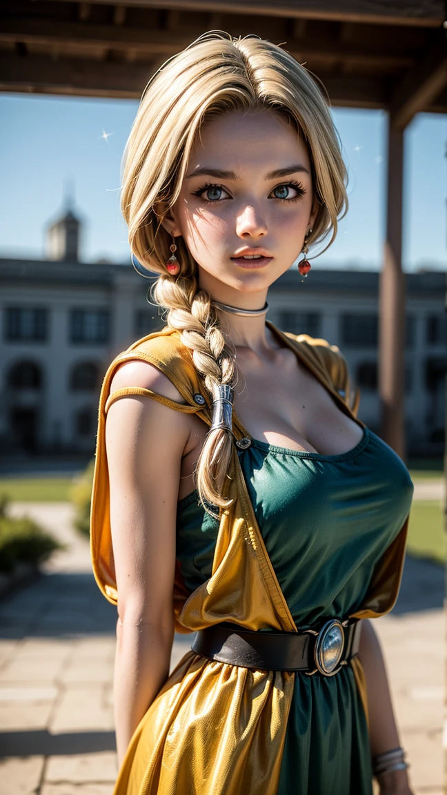 (ultra realistic,32k, masterpiece:1.2),(high detailed skin:1.1),( high quality:1.1),
<lora:WinxClubStella:0.8>(Stella), open mouth, blonde hair, yellow eyes, bangs,(CasualOutfit), (long hair, purple headband, green knotted top, orange skirt, sandals), cleavage, blurry background, (huge breast,large breast:1.1),fighting pose<lora:add_detail:0.82>,
(radiant:1.1),
