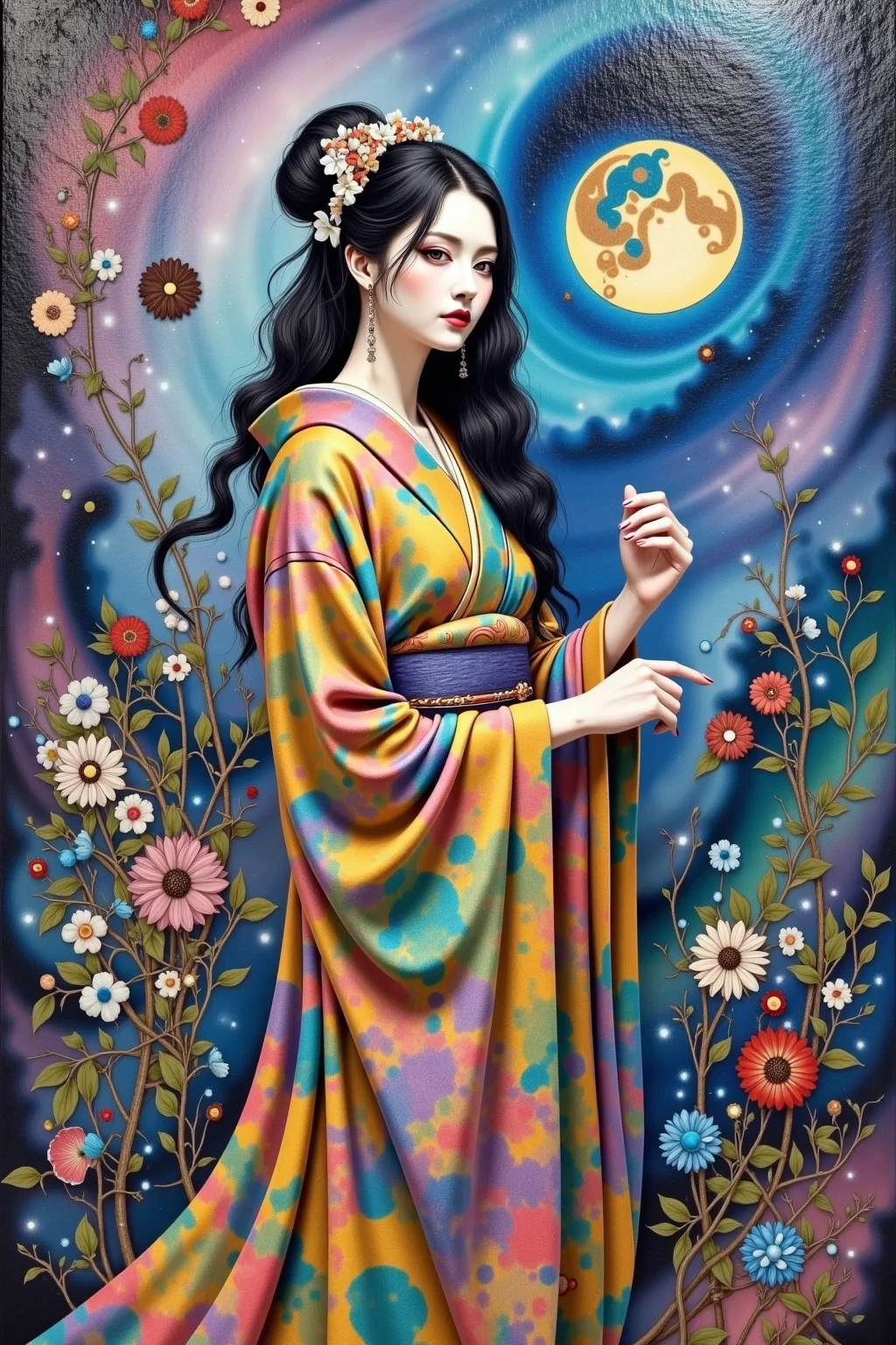 featuring auroras、写実的な油絵のscenery画, women in kimonos、solo、dark eyes、black hair、fine art,scenery,nature,Mysterious,fantastic,dynamic on the aisle,colorful,real,dramatic,4K,8K,high definition,masterpiece,ultra-fine,フォトreal,HDR,UHD,studio lighting,Advanced Techniques,Clear Focus,physically-based rendering featuring auroras,professional,Vivid colors,Bokeh