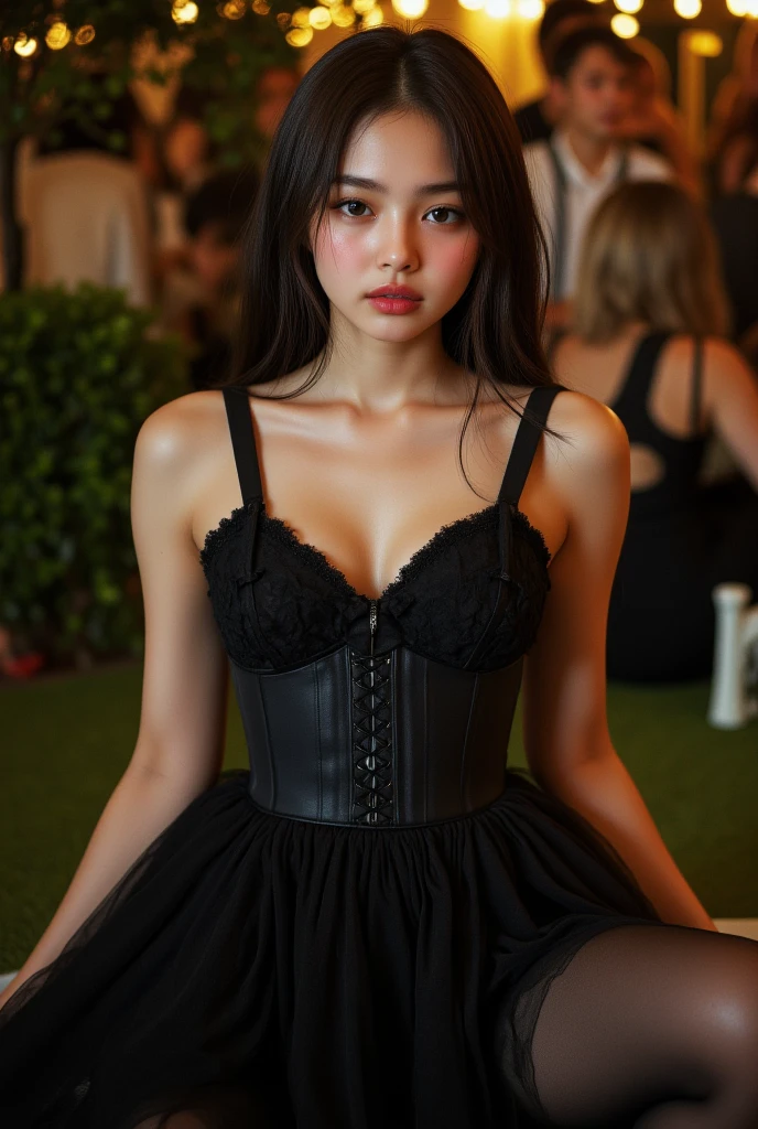 Ultra-high resolution,(reality: 1.4),Highest quality, masterpiece, Attention to detail, 16K quality, 1 beautiful girl,super beautiful face,Baby Face,Cute Face,Highly detailed face,Detailed hands,Beautiful skin,Cute Idol,Professional Lighting,short hair, brown beautiful eyes,((Satin corset dress)),(Ultra mini skirt),A gust of wind flipped my skirt up and I had to hold it down with my hands,(((Showing panties))),((Black Panties)),Beautiful breasts,Walking in the city,Blur the background、Black bra that is see-through with sweat