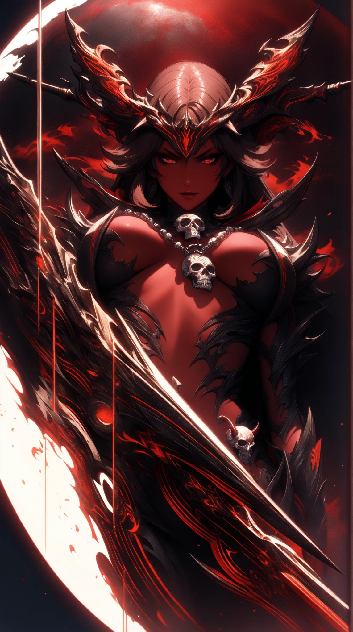 ((highest quality)),(ultra high resolution),(Super detailed),(detailed description),((best CG)),(best work of art),super precision art, great drawing art,(Art with precise details:1.5), (Fantasy medieval bikini armor 1 woman:1.5), beautiful and well-shaped face:1.5,(Beautiful skin with precise and detailed depiction:1.6),(:1.5),provocative angle:1.6,gorgeous, beautiful young woman, beautiful and flawless red colored skin, long flowing black hair, obsidian colored eyes, symmetrical face, seductive and alluring facial features, her very presence oozes seduction, S-shaped body figure, slim and narrow waist, black onyx horns jutting out her forehead, hip level shot