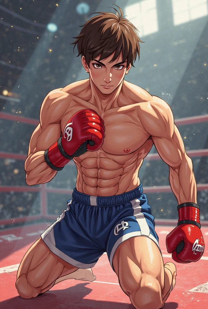 absurderes, (超A high resolution:1.2), 1male people, Yaoi, Stubble,clothes down, matured male, beefy,thick eyebrow, Male Focus, redhair,(big eye:1.2)、(Ultra-detailed eyes:1.2),(hyperdetailed face:1.2),(All Back Hair:1.2)、(Very short hair:1.2),(fists up:1.2)、(Angle from the front:1.2),(hyper pecs:1.5),Wild Smile、Boxer、(Boxing gloves:1.2)、(boxing Ring:1.2)、(very exposed thighs:1.5)、(Exposing the base of the crotch:1.2),(wearing very torn boxing shorts:1.5)、(toppless:1.5)