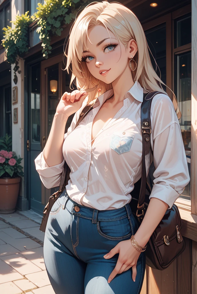 (Solo:1.5),Masterpiece, high quality, 8k, ultra detail, ((luminernd)) ,standing, outdoors, (big breast), (white shirts:1.5), (shorts jeans:1.5), smile, (detailed face), (cleavage), (black coat)