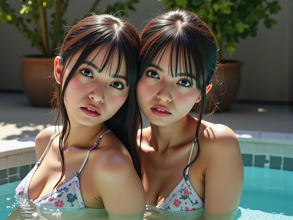 girls in bikinis by a swimming pool, girls, two beautiful girls, artgerm and genzoman, range murata and artgerm, extremely detailed artgerm, artgerm and ilya kuvshinov, realistic bikini, ilya kuvshinov and artgerm, detailed, realistic,
