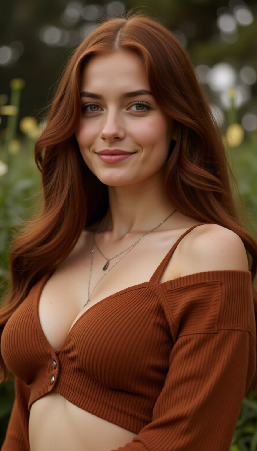 photography of Madelaine Petsch, long ginger hair, posing on a private terrace, Rome, spring but still cold, wearing lingerie, with the accent color being a deep brown, , very sexy, terrace of an luxurious restaurant with panorama, her pose exudes sensuality and relaxation, fit legs, beautiful ass, enjoying, girls, summer, hot girls, (((very heavy bust))), brunette hair, long_hair, symmetrical face, photorealistic, photography, gorgeous, western, (masterpice), best quality, high resolution, spectacular lighting, extremely detailed, skin with pores, detailed background, depth of field, C-cup breats, model body, daylight lighting, smiling, chill weather