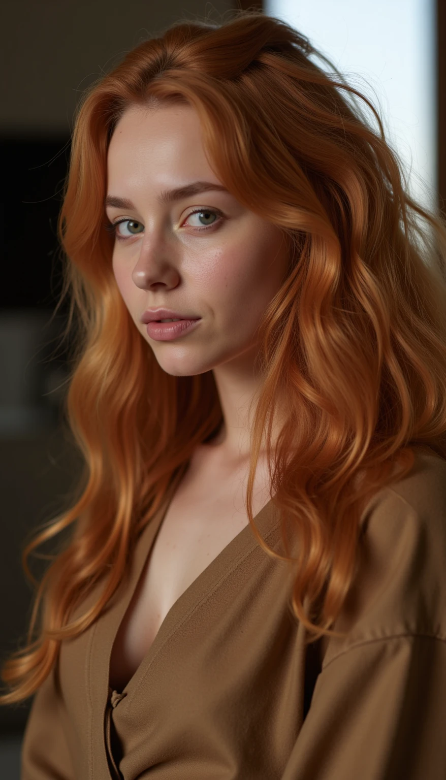 a 20 year old girl with brown eyes, orange hair and freckles on her skin, professional color grading, soft shadows, no contrast, clean sharp focus, film photography –q 2 –s 750 –v 5 –auto –s2 --auto --s2