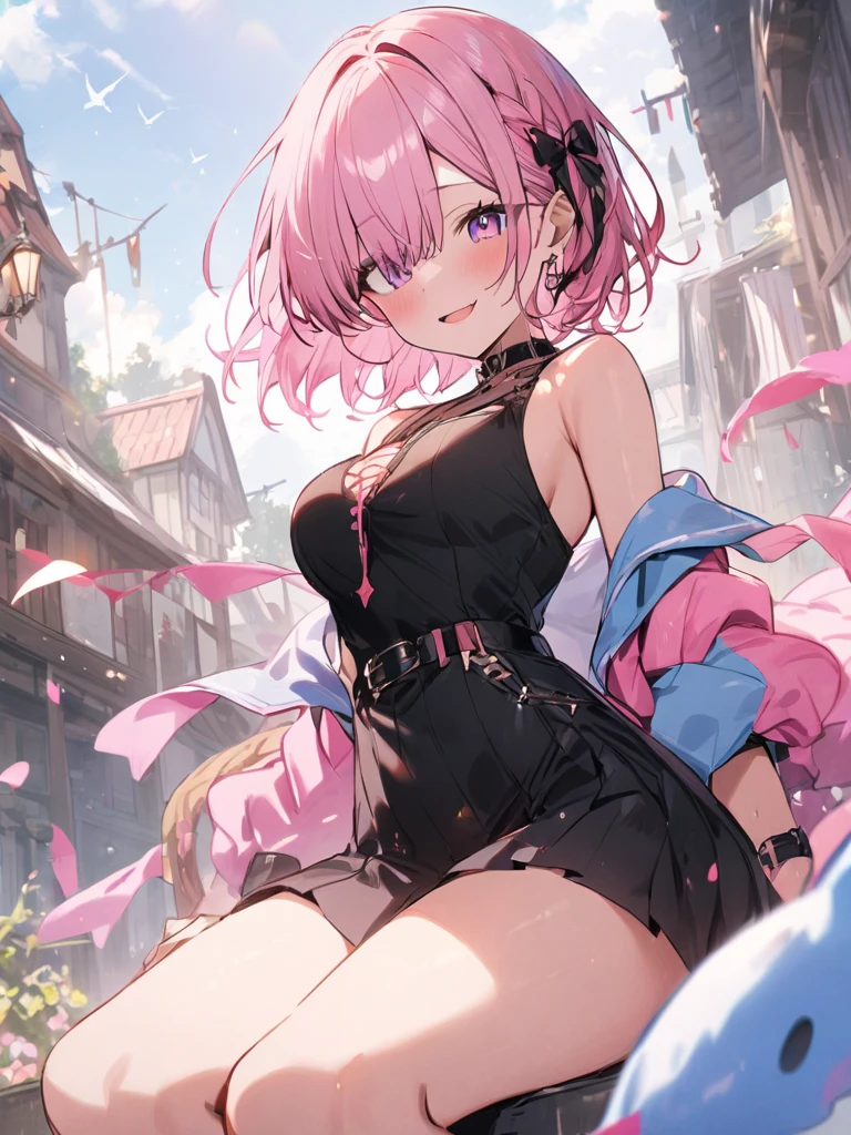 high waisted skirt sexy waitress costume, (looking at viewer), break, sexy, ((solo)), (1 woman), ((25 years old)), ((highest quality)), ((masterpiece)), (familiar), skindentation, perfect face, 8k , (cowboy shot), break, short hair, ((pink hair1.5)), bob cut, black eye, beautiful princess, smile, metallic costume, medium breasts, perfect limbs, (visible nipples:0.8), (camel toe:0.8), sexy,