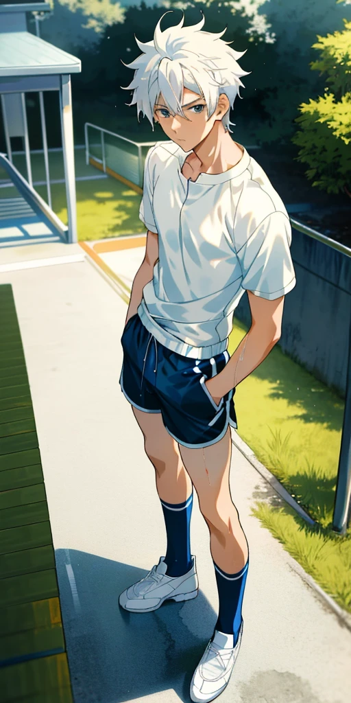 （Huang Li，high resolution，Super detailed），（（masterpiece）），（（best quality：1.1）），high resolution，8k，1 boy，（crotch bulge：1.1），shadow face，（White Nike basketball socks：1.1），（White ribbed socks：1.2），No socks to wear&#39;noexist，Invisible socks，toes under socks，shorter pants，Seamless socks，（Puffy nipples，（from below：1.1），
 blue eyes， looking at the audience， Short hair details， facial， athlete，shirtless，sweat shorts，Abs sitting on steps of school stairs，anime style，In the room，bait