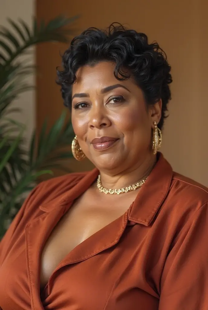 from below amateur photo of close up on face of (mixed Martiniquais:1.3) woman, 40 years old, Leaning forward with hands on knees and head down, Resilience mood, Lemon-colored, Feathered cut, wearing Yellow-colored Satin robe with a feather trim and lace lingerie set, Hourglass-Plus-Athletic body shape, asymmetric , shiny skin, golden hour lighting