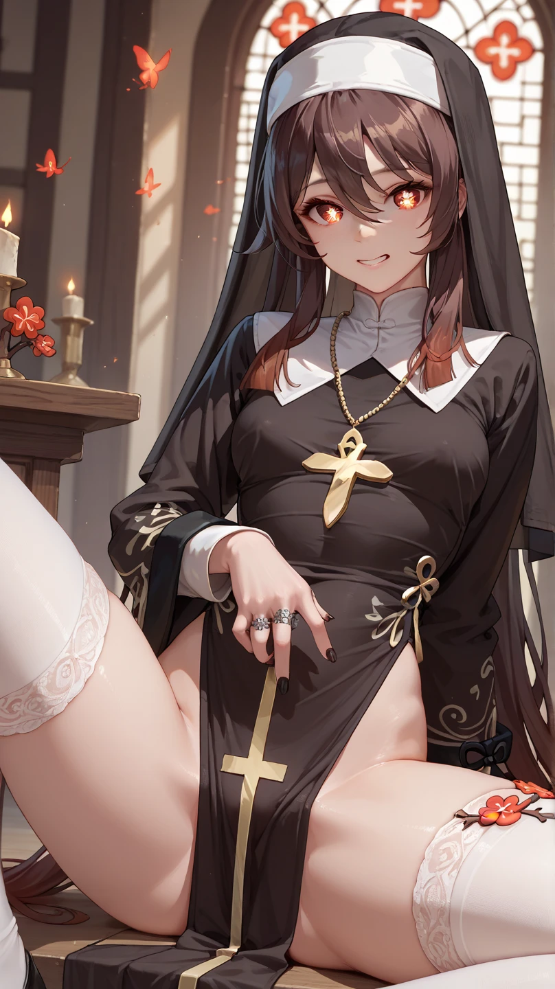 (((destroyed medieval town, collapsed Church))),, brown hair, brown eyes, flat chest, (wearing nun's uniform), (torn clothes), no bra, bottomless, show off pussy, disdain, contemptuous, disgust, scared, cry, skyporn, Areola, puffy niples, nipples through, ((best quality)), spread pussy, sexual fluid, pussy juice, drooling, dirty skin, on the altar, be sacrificed